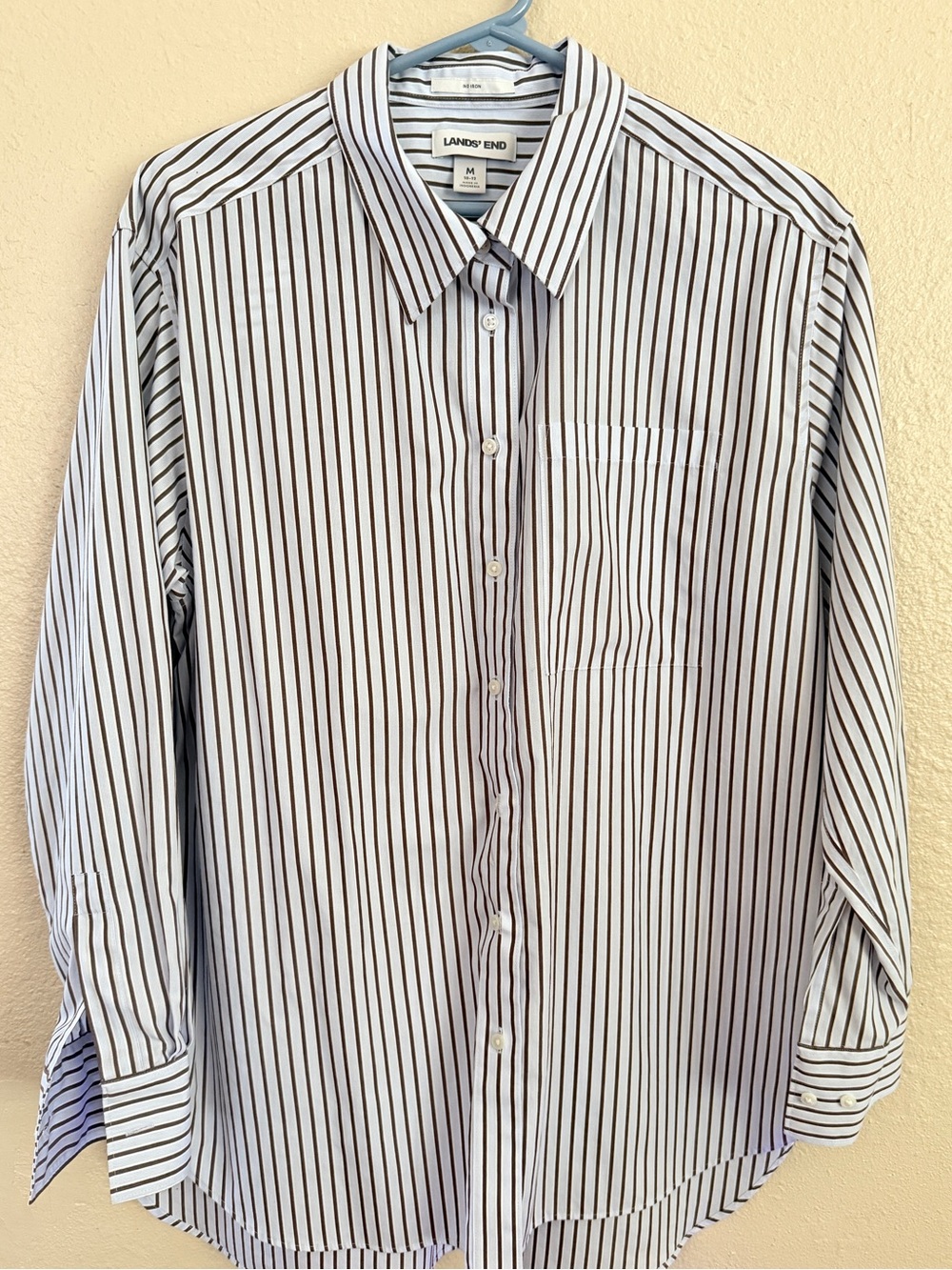 Lands End Women's Oversized No Iron Tunic Dark Walnut/Blue Sky Stripe